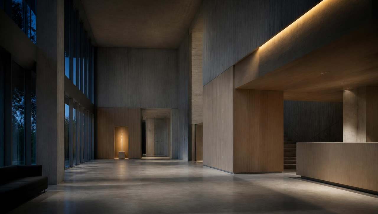 Minimal Scandinavian luxury hotel lobby at dusk, conditioned by LIFECHO ELO with a single warm light accent
